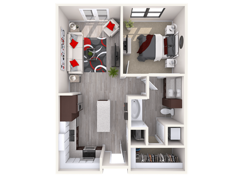 Floor plan for 1 bed, 1 bath, 693 sqft